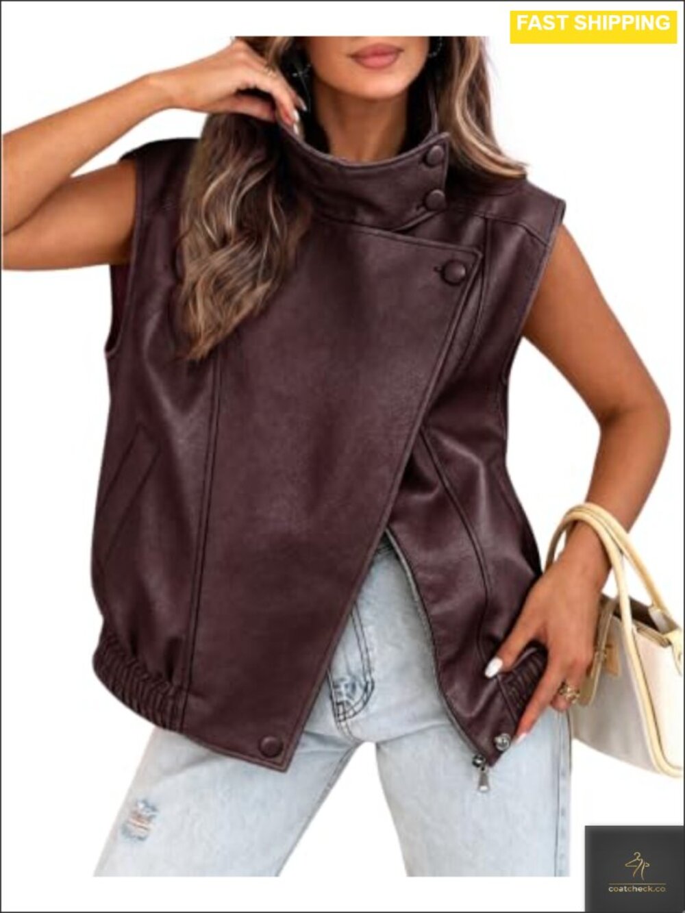 Faux Leather Vest Oversized Sleeveless Stand Collar Moto Layering